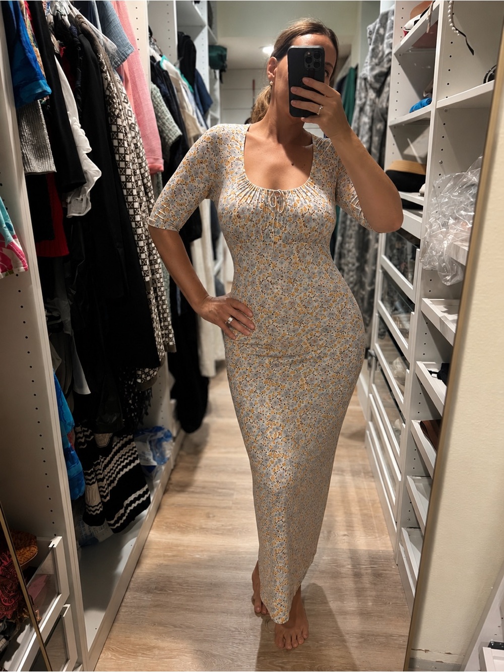 Scoop-Neck Floral Maxi Dress in Light Blue and Yellow